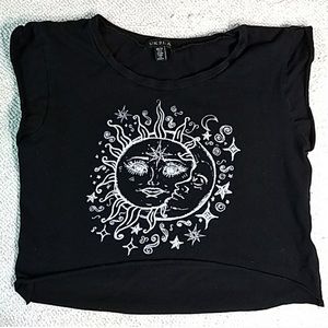 UK2LA black crop top with white celestial pattern